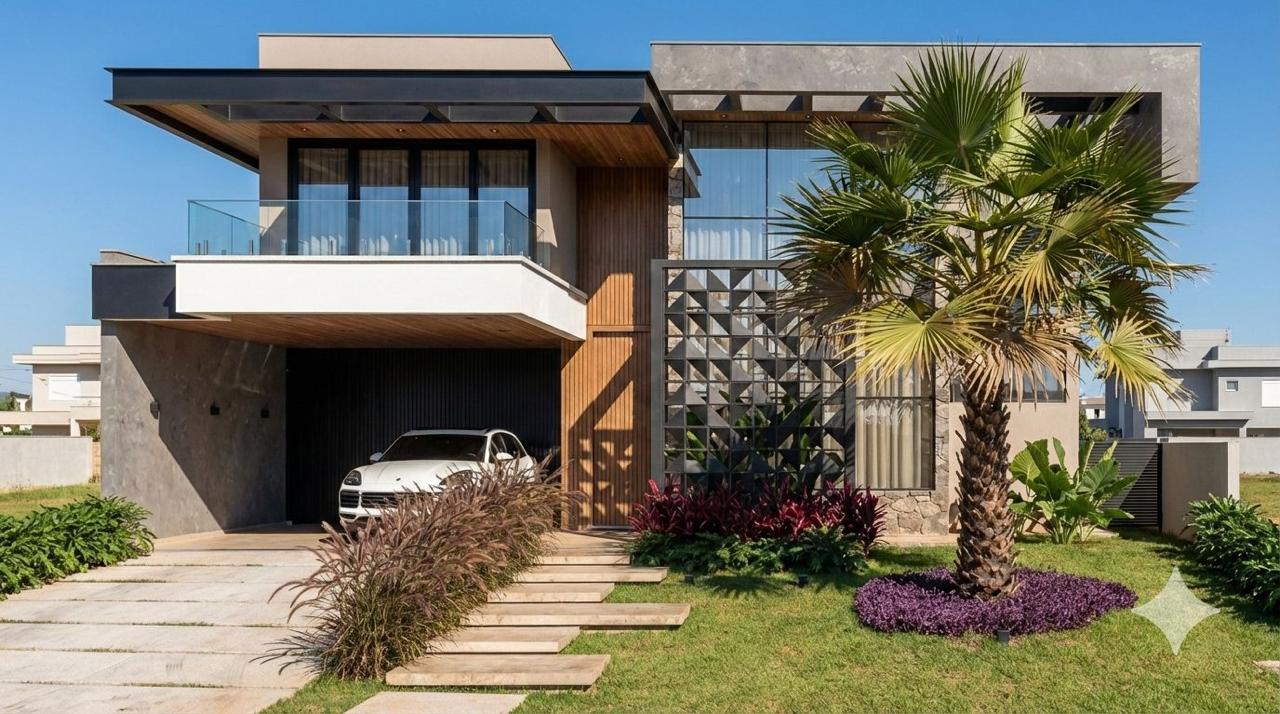 Fachada residencial contemporânea com brises e luz quente